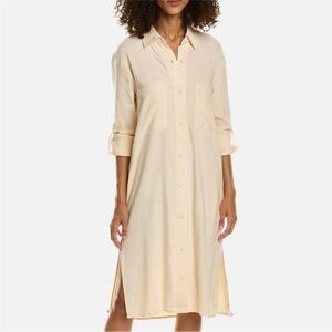 Monrow Linen Blend Button Down Shirt Dress with Pockets, Buttercream, XL